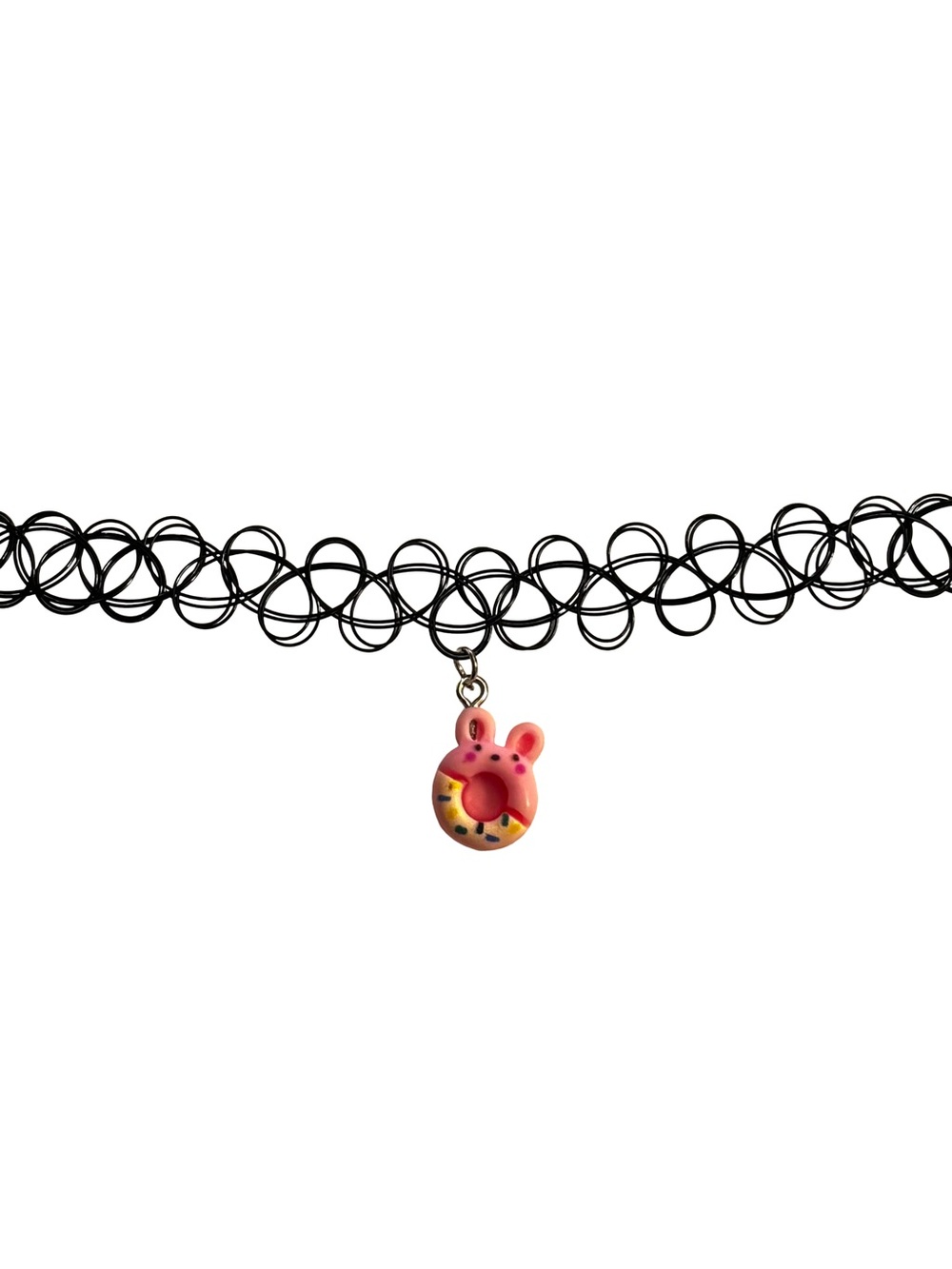 Black Tattoo Choker Necklace with Pink Bunny Donut Charm